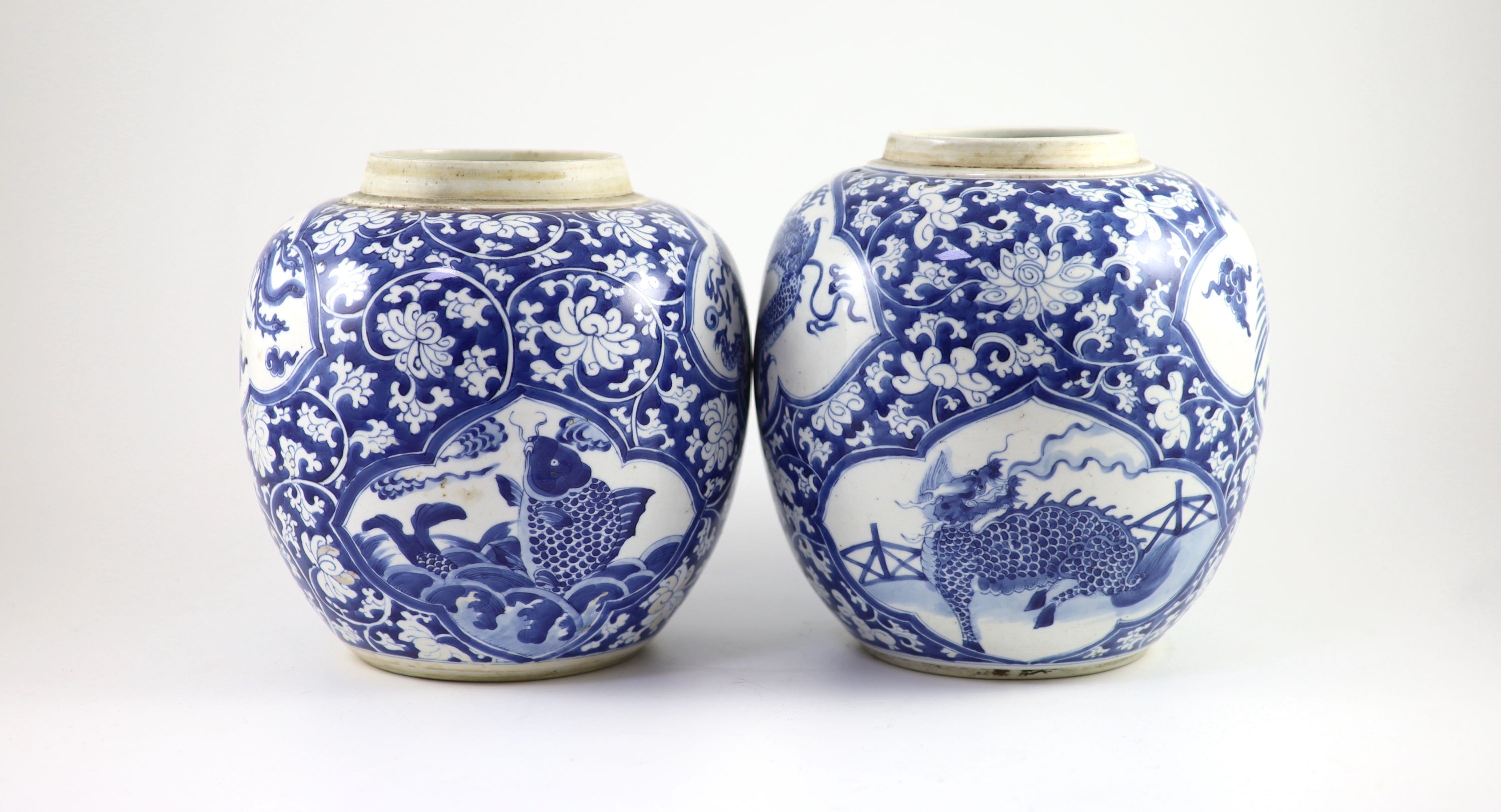 A good pair of Chinese blue and white ‘mythical beast’ jars, Kangxi period, Slight height difference 23 cm and 23.5 cm high